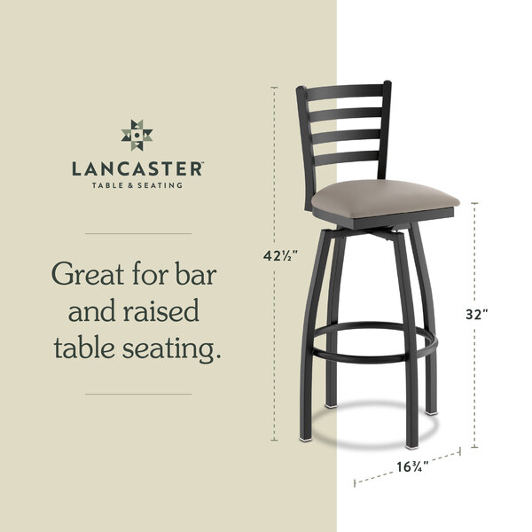 Graphic showing a ladder back bar stool with dark gray padded seat and dimensions.