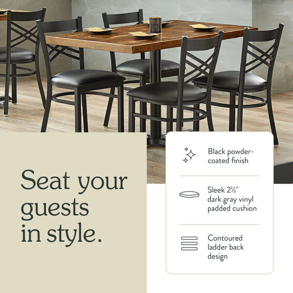 Graphic showing a ladder back bar stool with dark gray padded seat and construction details.