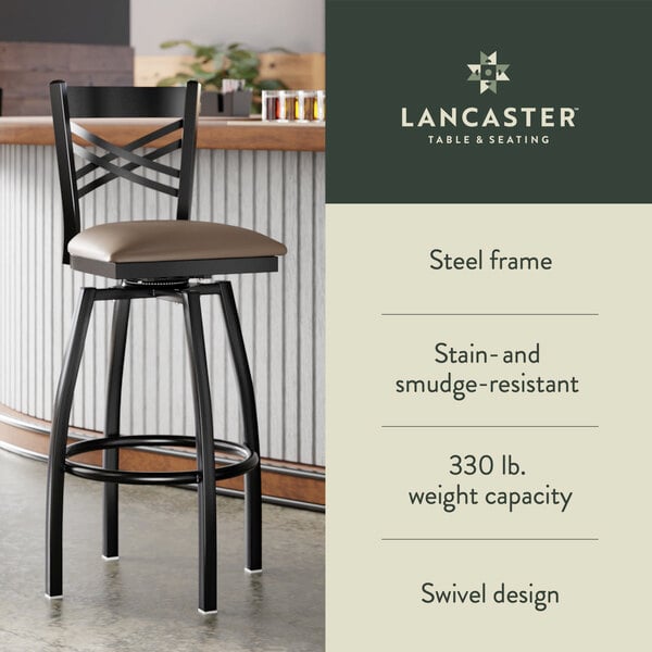 Graphic showing a cross back bar stool with taupe padded seat, black frame, and features.