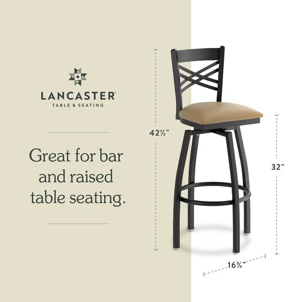 Graphic showing a cross back bar stool with taupe padded seat and dimensions.