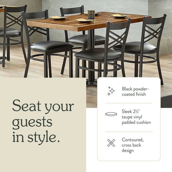 Graphic showing a cross back bar stool with taupe padded seat and construction details.