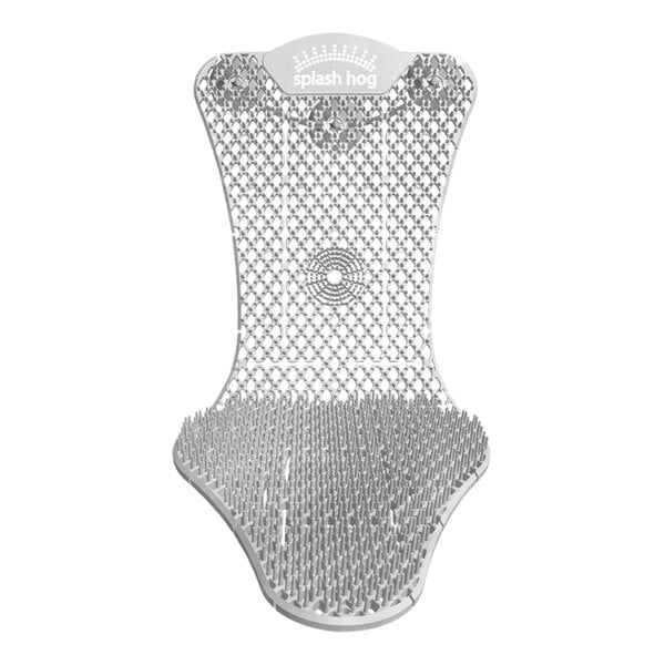 A white plastic WizKid urinal screen with a mesh design.