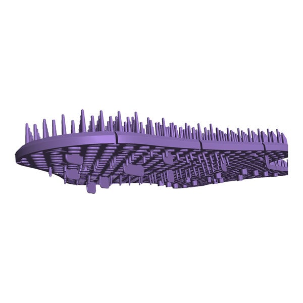 A lavender rectangular urinal screen with many small rods.