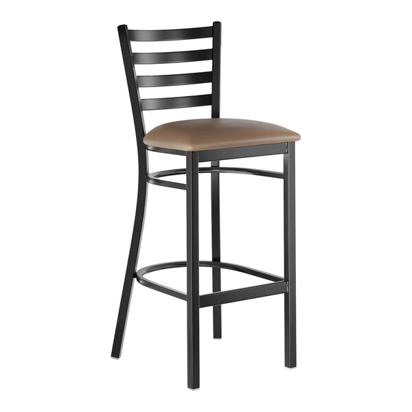 A black metal bar stool with a ladder back design and a taupe vinyl padded seat.