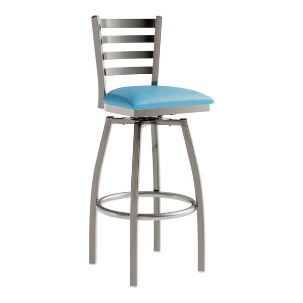 A blue vinyl Lancaster Table & Seating swivel bar stool with a metal frame.