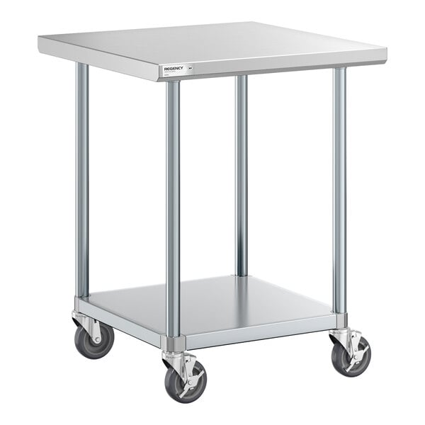 Regency 30" x 30" 18-Gauge 304 Stainless Steel Commercial Work Table with Galvanized Legs, Undershelf, and Casters