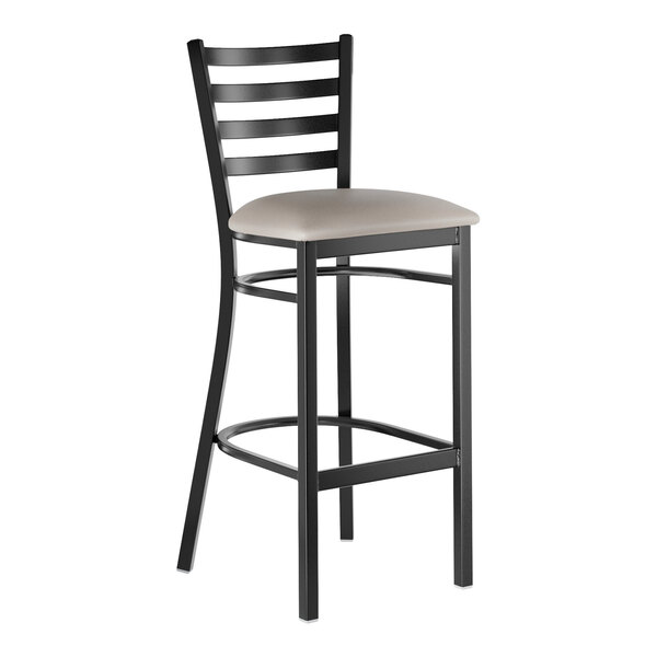 Lancaster Table & Seating Black Finish Ladder Back Bar Stool with 2 1/2" Light Gray Vinyl Padded Seat