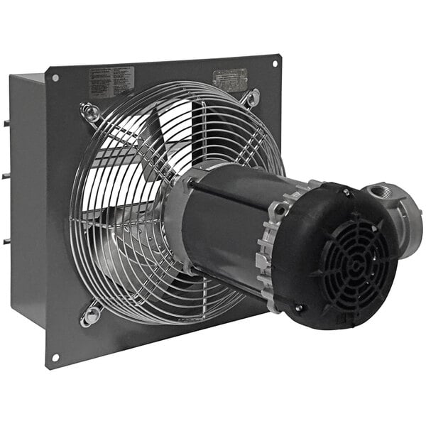 A metal Canarm wall exhaust fan with a black motor.