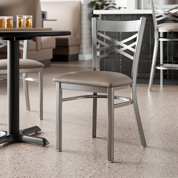 Lancaster Table & Seating Clear Coat Finish Cross Back Chair with 2 1/2" Taupe Vinyl Padded Seat - Detached Seat