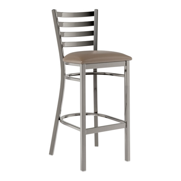 A Lancaster Table & Seating metal bar stool with taupe cushioned seat.