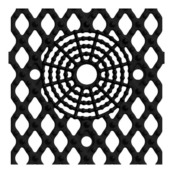 A black circular pattern with a white center on a WizKid Splash Hog urinal screen.