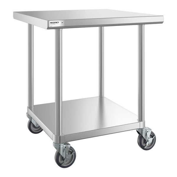 Regency 30" x 30" 16-Gauge 304 Stainless Steel Commercial Work Table with Undershelf and Casters