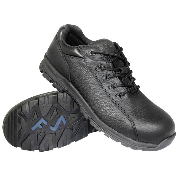 A pair of black, low-cut lace-up shoes with textured leather uppers and rugged non-slip rubber soles, one shoe shown upright and the other displaying the sole.
