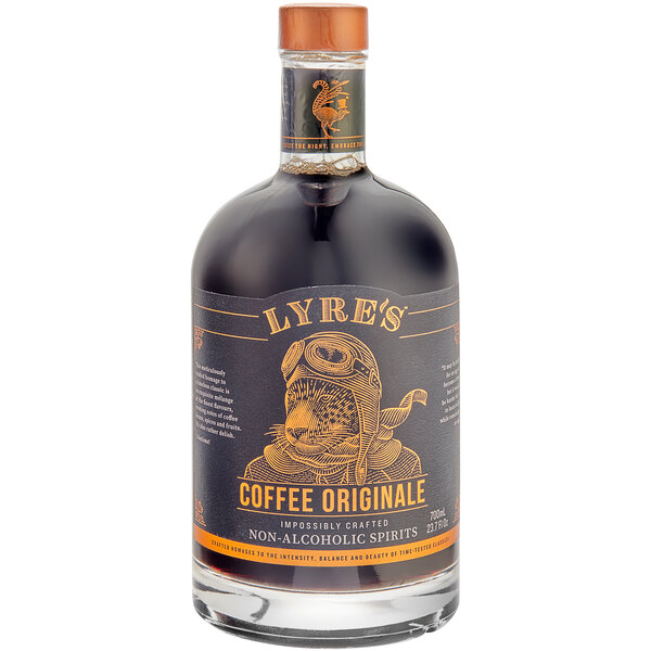 A bottle of Lyre's Coffee Originale non-alcoholic liqueur on a table.