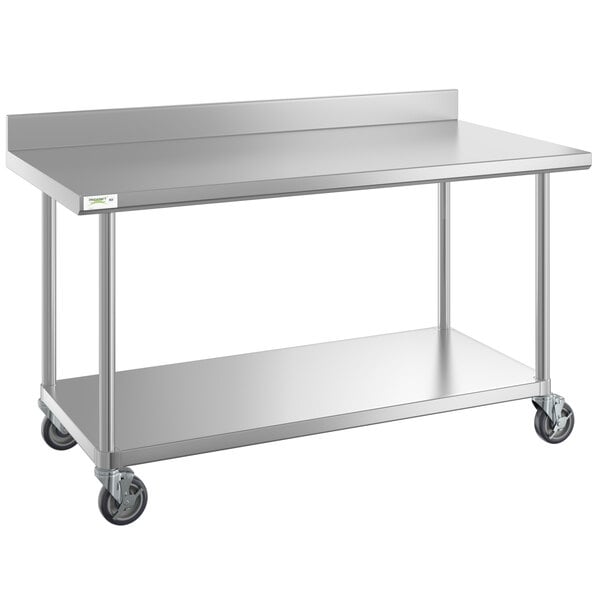 A Regency stainless steel work table with undershelf and casters.