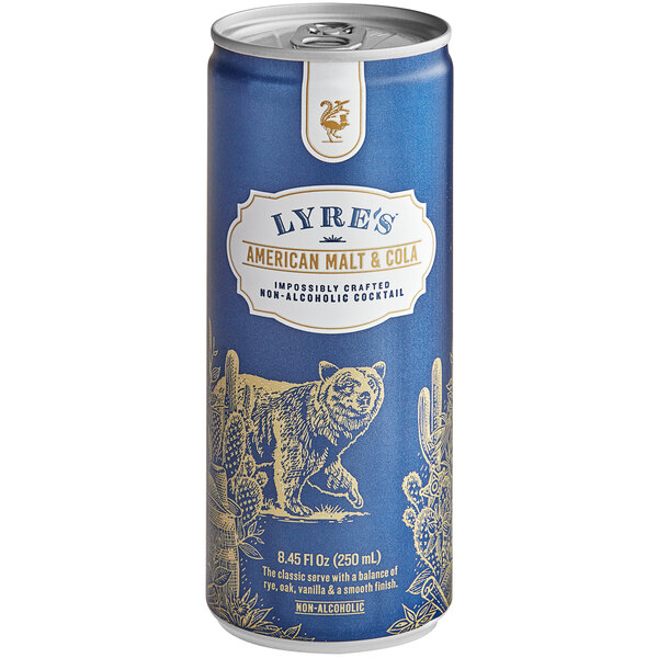 A blue Lyre's American Malt and Cola can with a blue and white label featuring a bear.