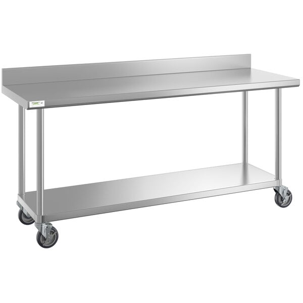 A metal work table with wheels.