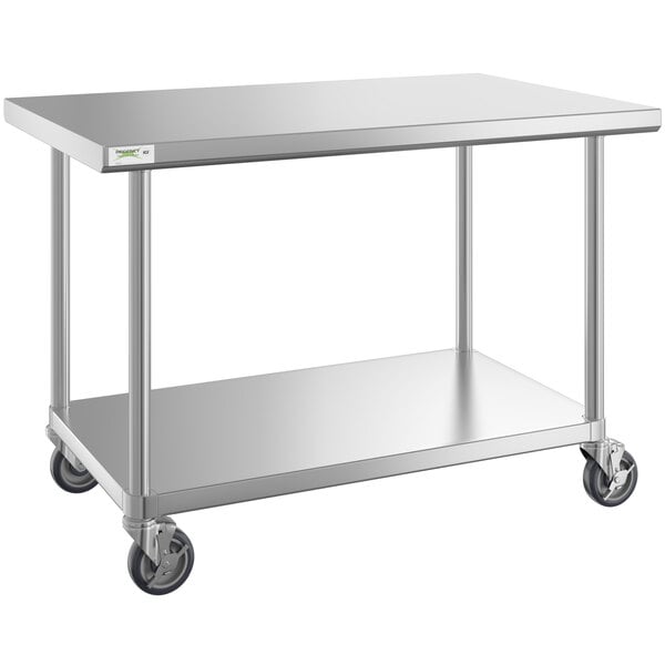 A Regency stainless steel work table with undershelf and casters.
