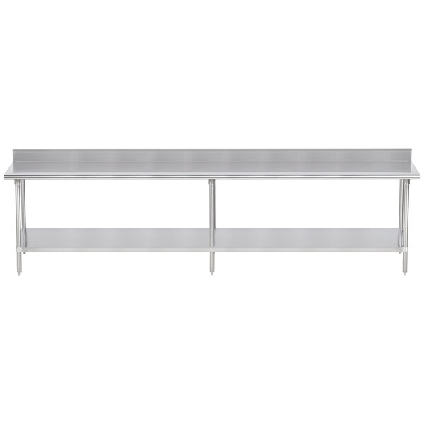 An Advance Tabco stainless steel work table with undershelf and backsplash.