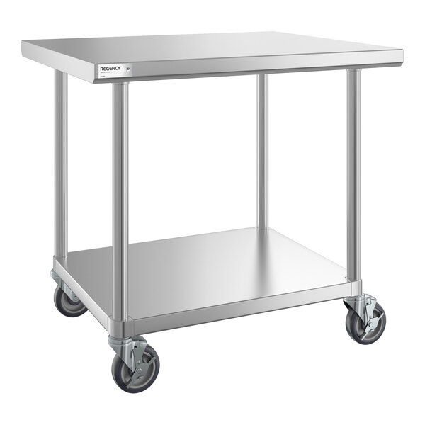 Regency 30" x 36" 16-Gauge 304 Stainless Steel Commercial Work Table with Undershelf and Casters
