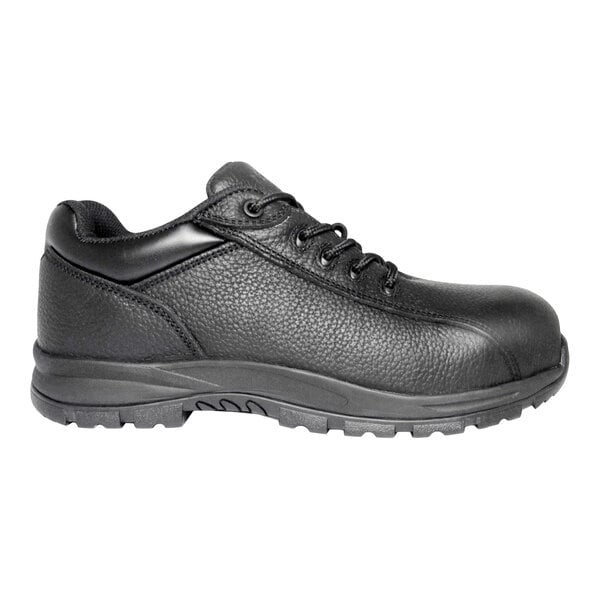 A black, low-cut lace-up shoe with a textured leather-like surface and a rugged, non-slip sole.