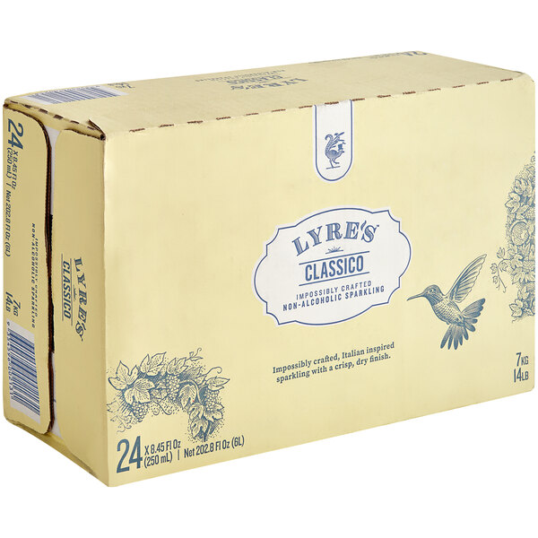 A case of Lyre's Classico Non-Alcoholic Sparkling Wine with a label on it.