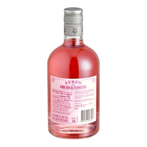 A 700mL bottle of Lyre's Pink London Spirit non-alcoholic gin alternative with a pink liquid and silver cap.