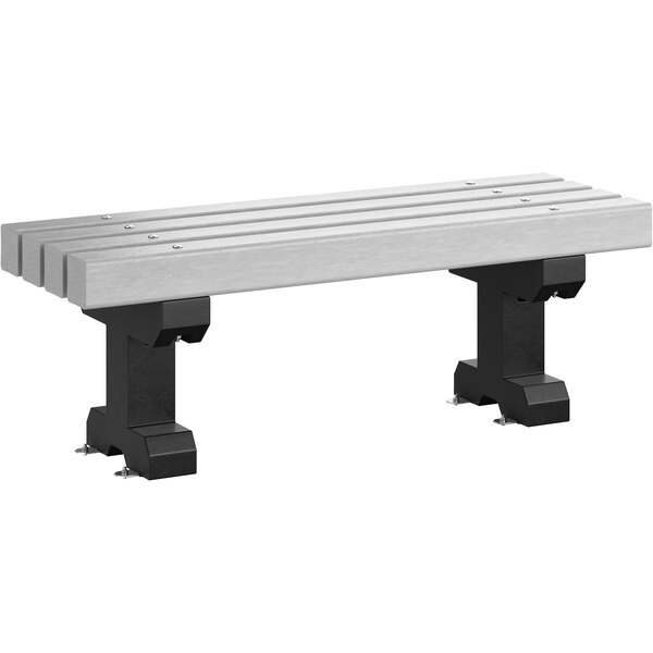A close-up of a grey MasonWays plastic Dura-Bench with black legs.