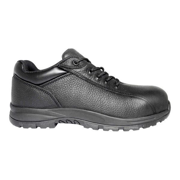 A black, low-cut lace-up shoe with a textured leather-like surface and a rugged rubber sole.
