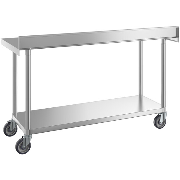A silver metal table with wheels.