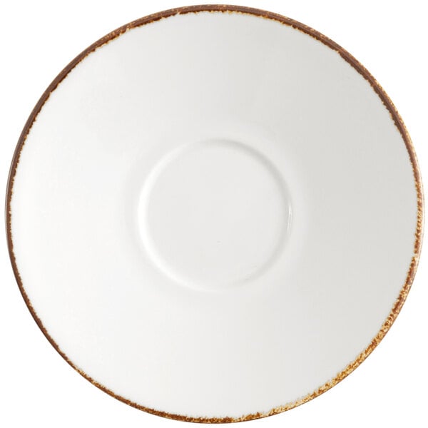 A white Fortessa China saucer with a brown rim.