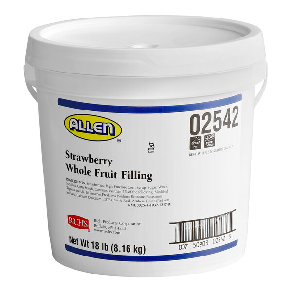 An 18 lb pail of Rich's Allen Strawberry Whole Fruit Filling.
