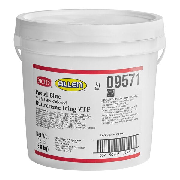 A 15-pound pail of Rich's Allen Pastel Blue Buttrcreme Icing.