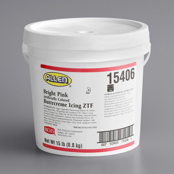 A white Rich's Allen Bright Pink Buttrcreme Icing bucket with a white lid and label.