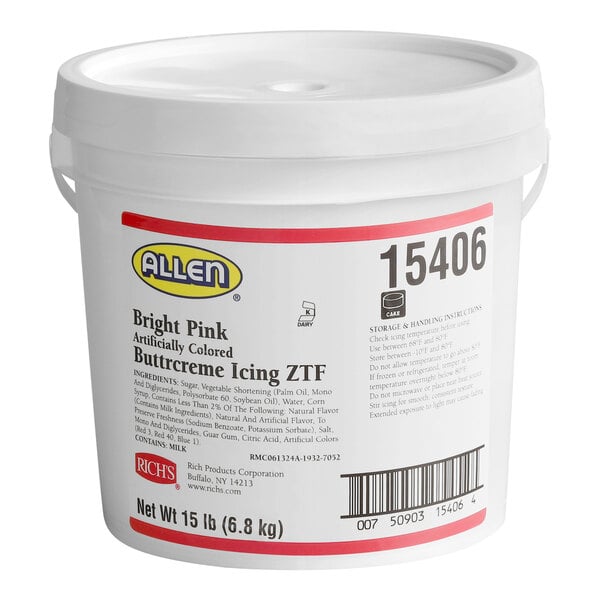 A 15-pound pail of Allen Bright Pink artificially colored buttrcreme icing.
