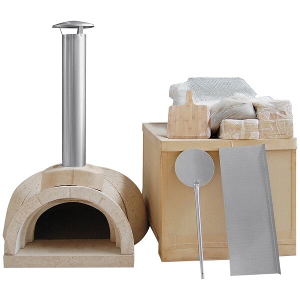 A WPPO Tuscany wood-fired pizza oven kit with a stainless steel flue and black door.