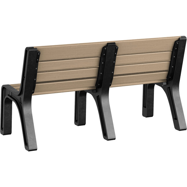 A close-up of a MasonWays Malibu-style bench with black legs and a tan seat.