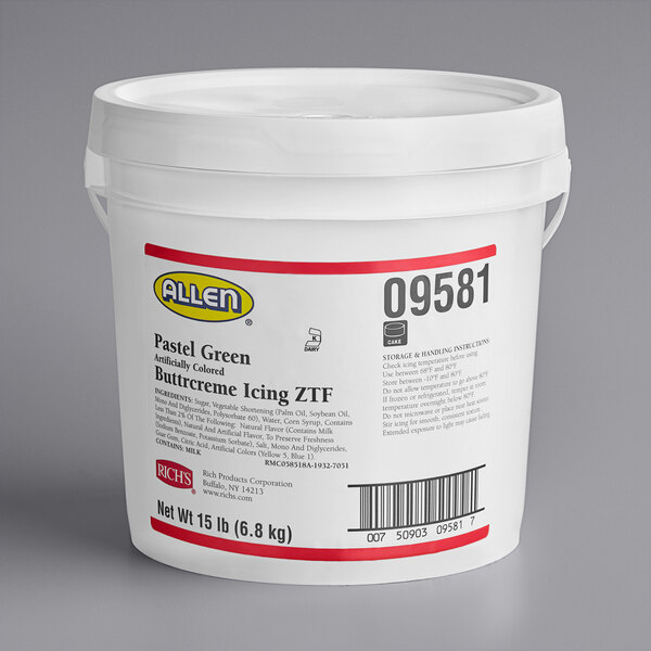 A white bucket of Rich's Allen Pastel Green Buttrcreme Icing with a white label.