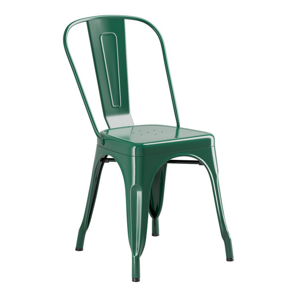 A Lancaster Table & Seating emerald green metal chair.