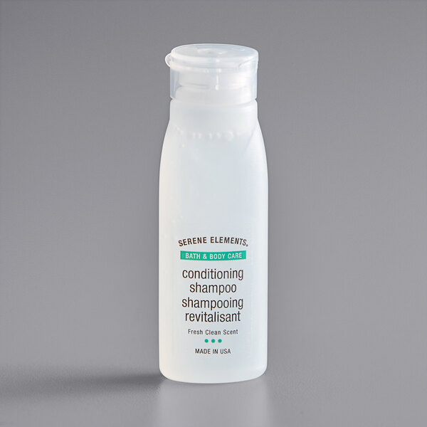 A white Serene Elements shampoo bottle with a black lid.