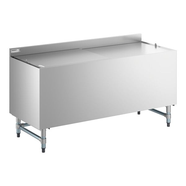 A stainless steel beer box with a lid and 3-inch backsplash, measuring 24 by 60 inches.