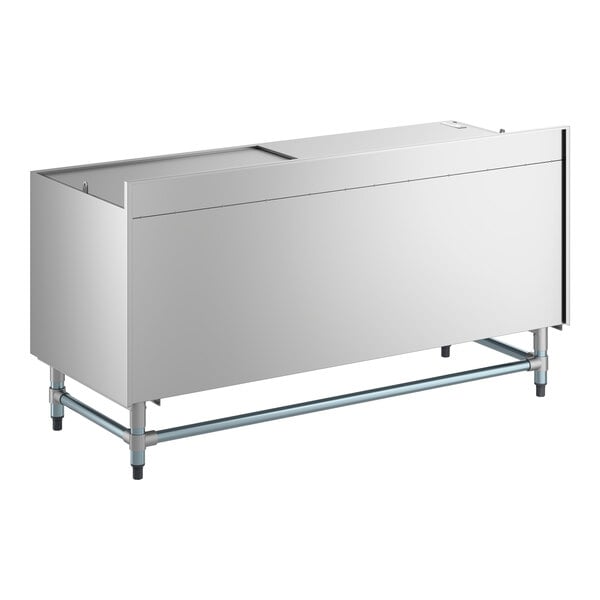 A stainless steel beer box with a lid, 3-inch backsplash, and sturdy legs, measuring 24 by 60 inches.