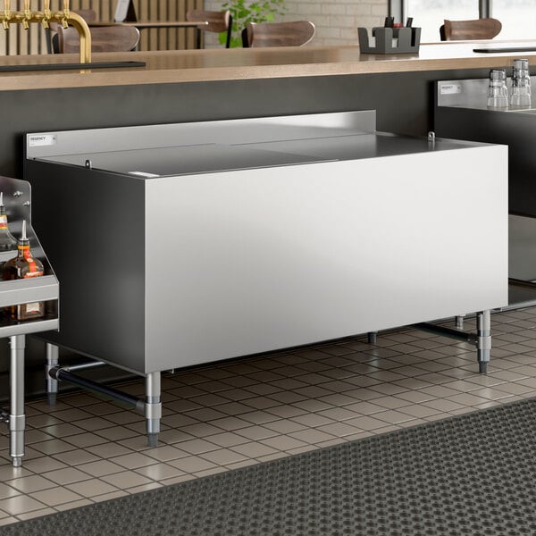 A stainless steel beer box with a lid and backsplash, designed for bar or restaurant use.