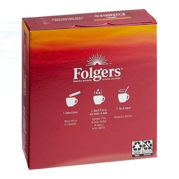 A red Folgers Classic Roast Instant Coffee box with white text and pictures.