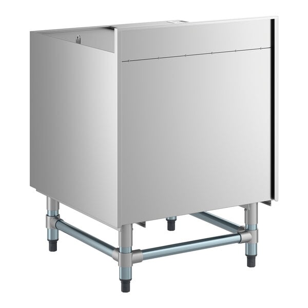 A stainless steel beer box with a lid, backsplash, and sturdy metal legs.