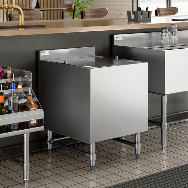 A stainless steel beer box with a lid and 3-inch backsplash, designed for bar or restaurant use.