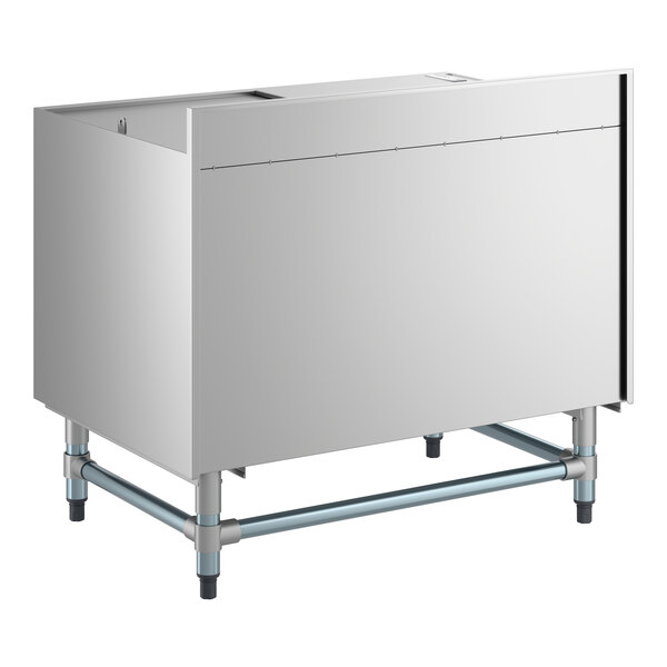 A stainless steel beer box with a lid, 3-inch backsplash, and sturdy metal legs.