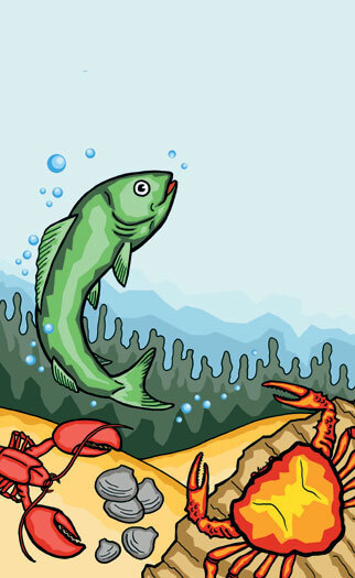A white menu cover with cartoon bubbles and a green fish jumping over a coral reef.