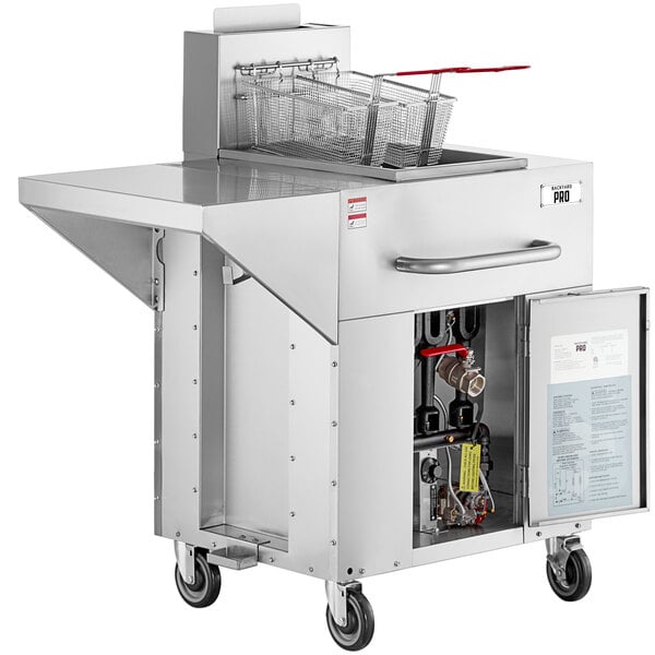 A large stainless steel Backyard Pro fryer with wheels.