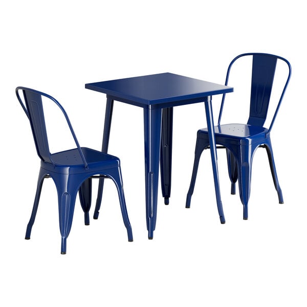 A blue square table with blue metal chairs.